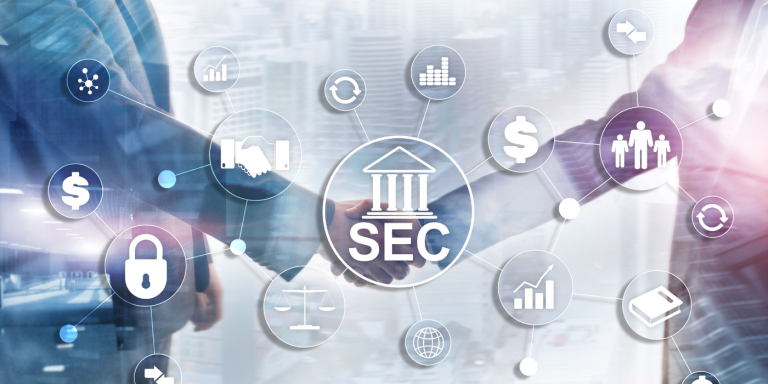 SEC two men shaking hands with the "SEC" logo attached to charts, locks, dollar signs